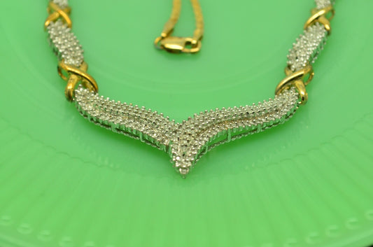 16" Two-tone 925 Sterling Silver diamond chevron pendant necklace 1.75 tcw