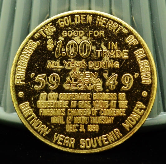 1959 Alaska 49th State Fairbanks Golden Heart Souvenir Money Brass Trade Token