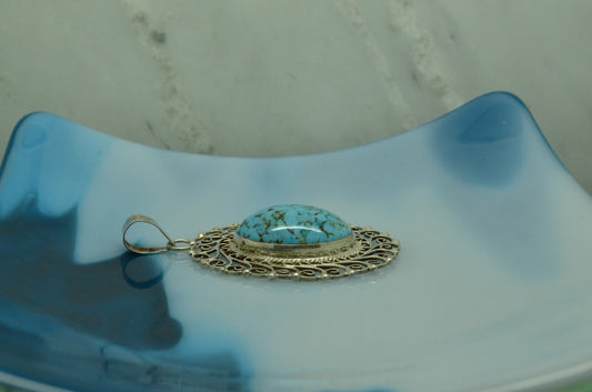 925 Sterling Silver filigree framed oval turquoise solitaire pendant charm