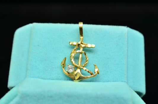 10K Yellow Gold Mariner Anchor and Rope Pendant Charm w/ CZ Accent