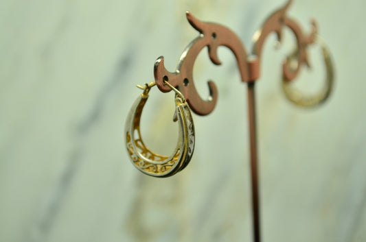 925 Sterling Silver filigree heart cutout U shaped hoop earrings with diamonds