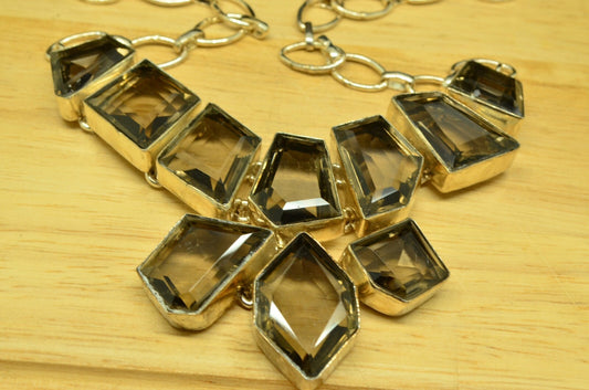17" 925 Sterling Silver smokey glass chunky multi-stone pendant necklace