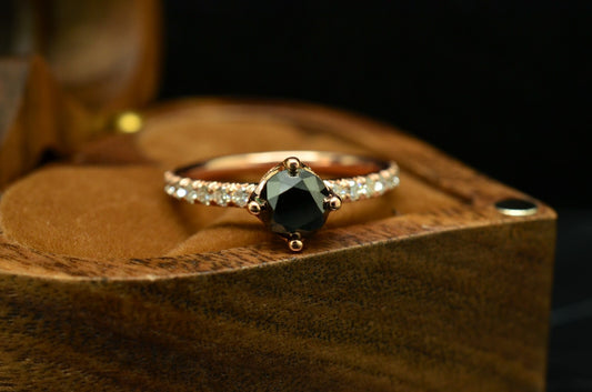 14K Rose Gold Black Diamond Solitaire Ring Band diamond hidden halo setting Sz 7
