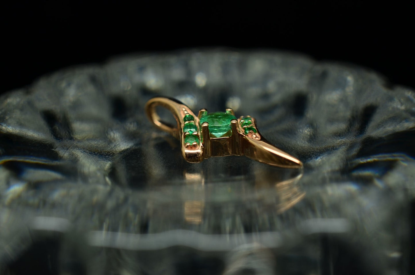 10K Rose Gold floating bypass design pendant charm with green emeralds