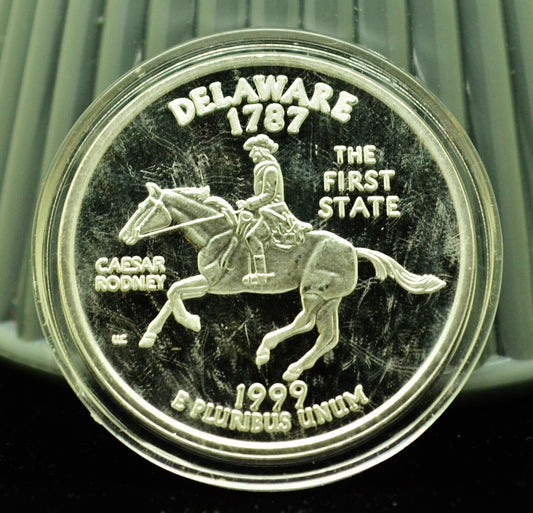 1999 Delaware Statehood Large Quarter Art Round -One Troy Oz .999 Silver