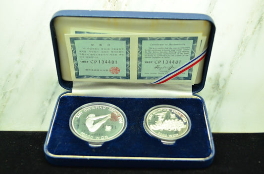 1986 1987 South Korea Olympics 2 Coin Set 925 Silver Diving & Tug Of War OGP