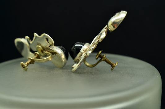 925 Sterling Silver Black Onyx Swirly Leaf Design Screwback Earrings