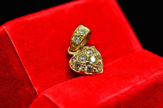 14K Yellow Gold Pave Cubic Zirconia Half Puffed Heart Pendant Charm -Small