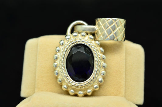 925 Sterling Silver oval blue glass rope pendant charm