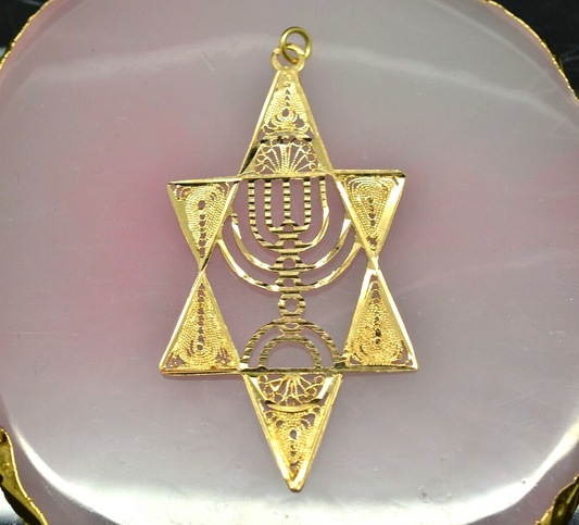 14K Yellow Gold filigree Star Of David with Menorah design pendant charm -big