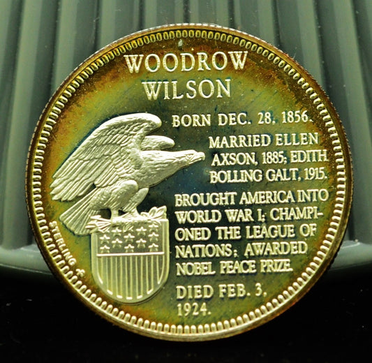 925 Silver Franklin Mint Art Round Presidential Treasury Woodrow Wilson