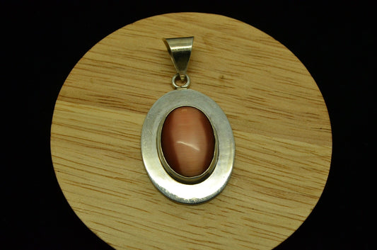 925 Sterling Silver oval peach color cat's eye solitaire pendant charm