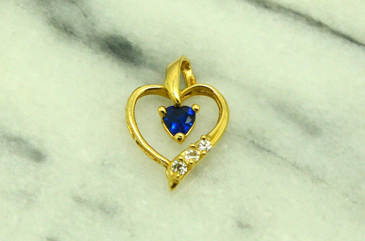 14K Yellow gold open heart framed blue topaz & cz pendant charm