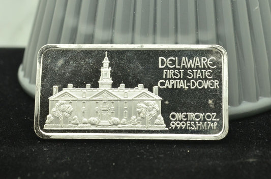 Delaware Hamilton Mint State Ingot Art Bar -1 Troy Oz .999 Silver