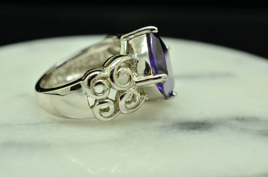 925 Sterling Silver Large Purple Amethyst Solitaire Ring Band Size 6.75