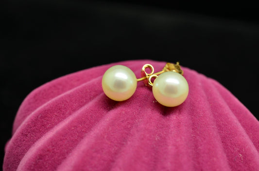 14K Yellow Gold 7mm Round Natural White Pearl Stud Earrings