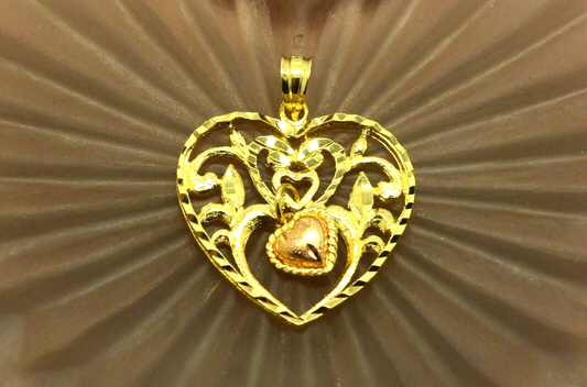 14K Yellow Gold filigree heart pendant charm w/ dangling rose gold heart