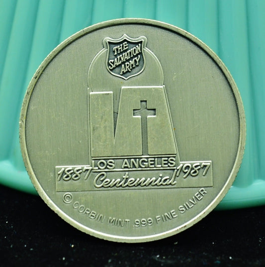 1987 Salvation Army L.A. Centennial Eva Burrows Art Round -1 Troy Oz .999 Silver