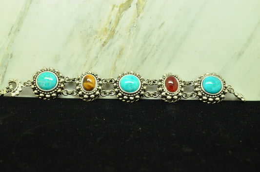 7.5" Silver Plated Bracelet with Turquoise Tiger's Eye and Carnelian