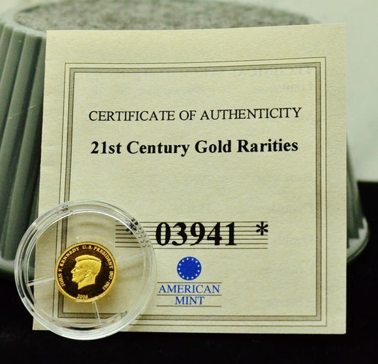 2006 American Mint John F Kennedy Mini Gold Coin 11mm 0.5 grams .585 Gold COA