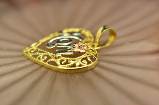 10K Yellow Gold Filigree Heart MOM Rose Pendant Charm w/ Diamond