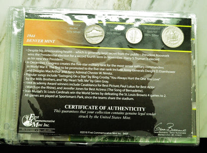 10 Display Pages of Silver Coins of WWII each w/ a Silver Nickel Dime & Quarter