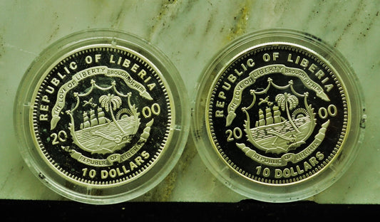 Lot of Two 2000 Liberia $10 Proof 1863 Gettysburg Meade Lee  .999 Fine Silver