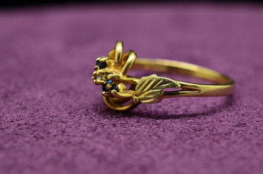 10K Yellow Gold Black Hills Gold Leaves w/ Topaz & Diamond Ring Band Size 7