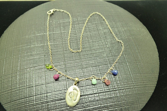 18" 925 Sterling Silver cable chain with multi-gemstones and footprint  pendant