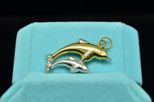 14K Yellow & White Gold Hollow Two Dolphin Design Pendant Charm