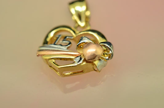 14K Tri Color Gold 15 Year Anos Birthday Quinceanera Heart Shaped Pendant Charm