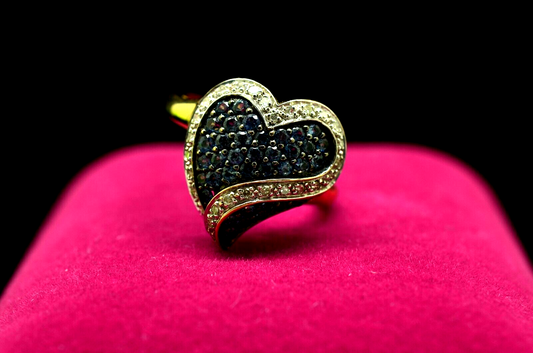 MSI 10k Yellow Gold pave blue sapphire & diamond heart shaped ring band size 7