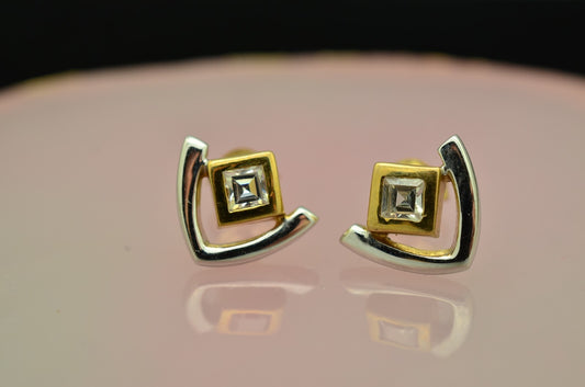 8K Yellow & White Gold two tone princess cut cubic zirconia stud earrings