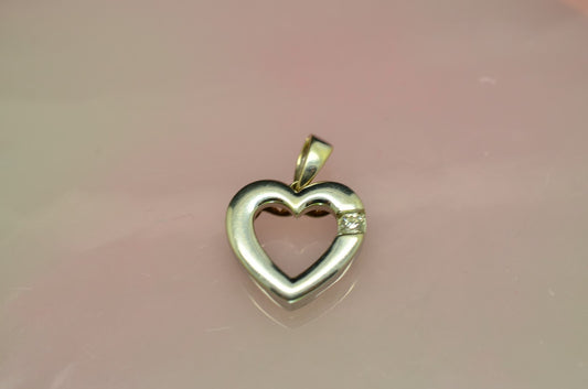 14K White Gold Small Open Heart Pendant Charm Reversible w/ Diamond