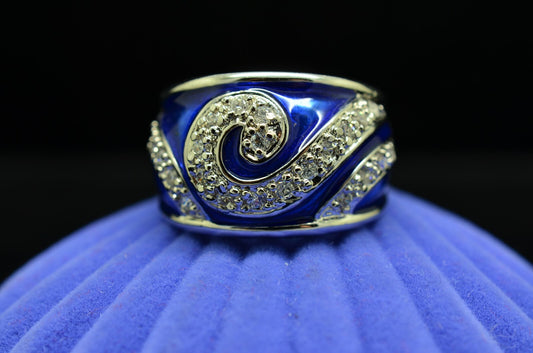 925 Sterling Silver Swirly CZ Design w/ Blue Enamel Dome Ring Band Size 6.75
