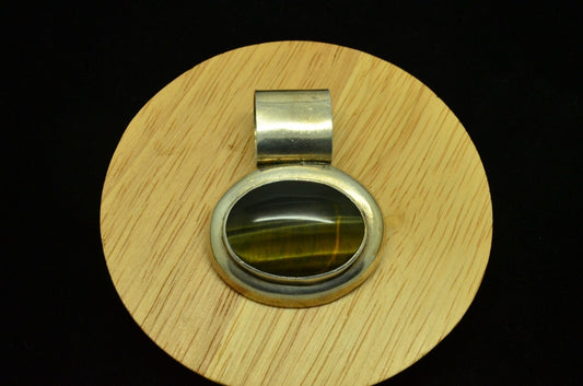 925 Sterling Silver oval tiger's eye solitaire pendant charm -large