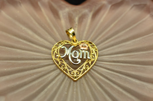 10K Yellow Gold Filigree Heart MOM Rose Pendant Charm w/ Diamond