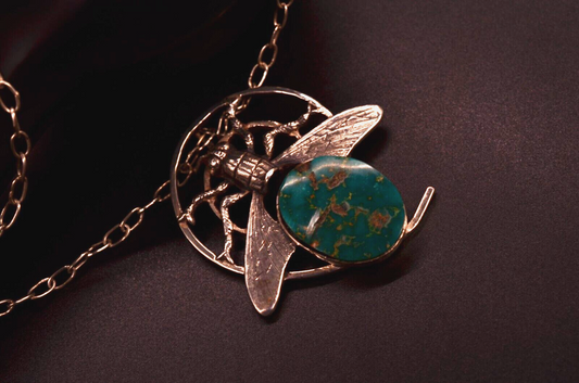 925 Sterling Silver Large Fly Bug Insect Jasper Pendant Charm  w/ 22" Chain