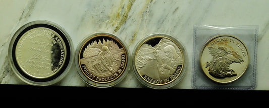 Lot of Four 1 Troy Ounce .999 Silver Art Rounds -All are State of Idaho Themed